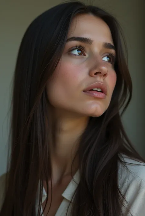 American woman with long straight hair looking up and looking suspicious