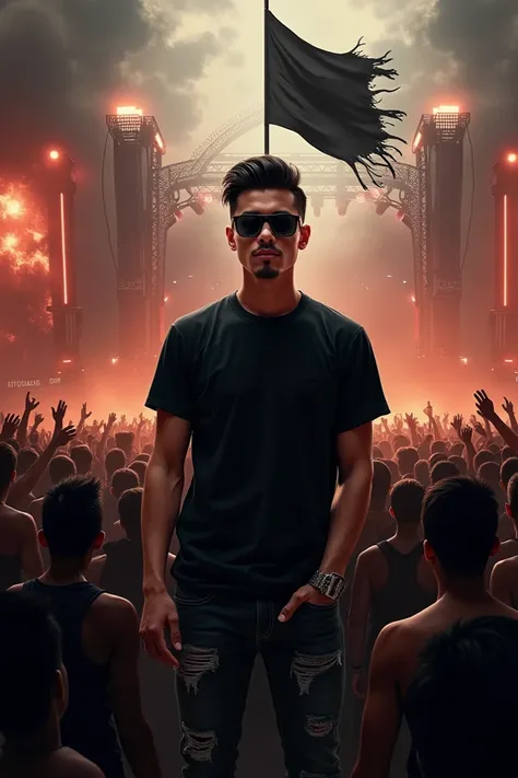  Make an original photo illustration of a handsome indonesian man wearing cool black sunglasses looking around,  cool medium undercut style hair and wearing a black t-shirt and ripped jeans .  Standing in the middle of a metal band concert crowd with a cha...