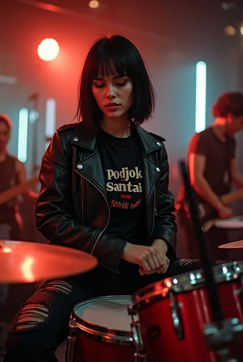 A best hyperealistic, UHD, HDR, 5D, 524 K, cinematic shot of a beautiful woman, medium soft make up, short straight black hair woman and sunglasses eye style, playing hard rock music to pounded 4/4 pound on snare drum, bass drum, and simbal on a drum set o...