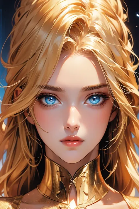 [art, ultra graphic, detailed image, 4k, 32k] image focused on the characters face, character looking at the viewer, a maiden, golden hair and deep blue eyes, full lips and incredibly beautiful face, confident expression on the face, detailed eyes