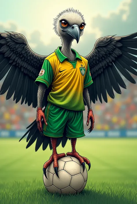 Vulture soccer dress in green, yellow and black colors
Stepping on a soccer ball