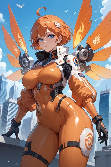 ALL BLACK, ahoge, blue eyes, [large breasts], futuristic city, orange bodysuit, giant bird fire mechanical wings