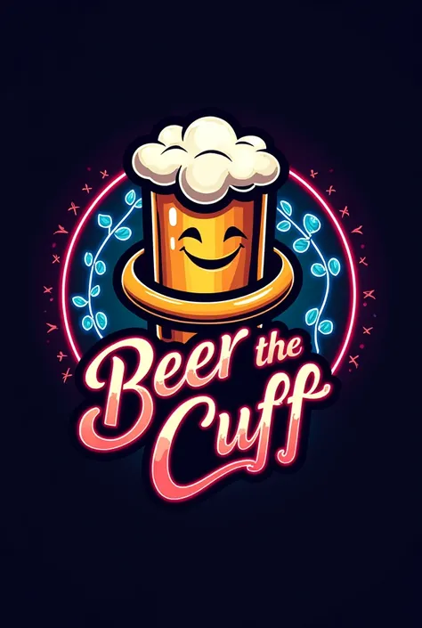 A logo that says beer the cuff and that a mascot in the shape of a handle hugging a pilsener another in neon or gothic 
