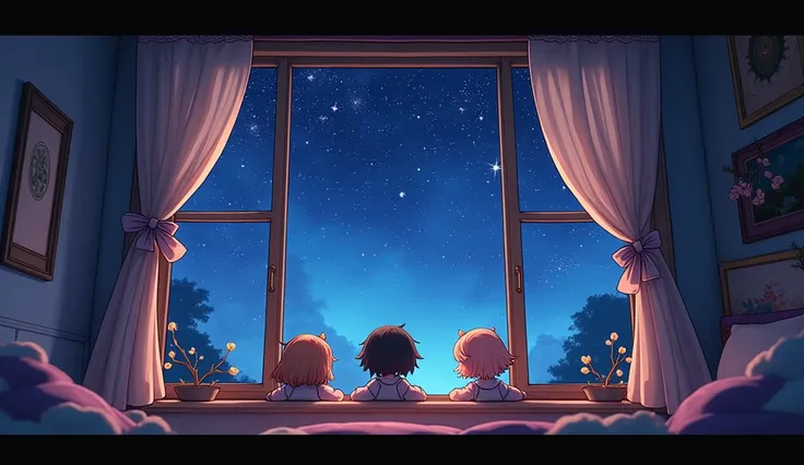 window overlooking the night sky with stars, 3d chibi animation style