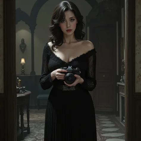 female journalist Gothic 1920s style, 45 years old,Big breast, camera in her hand , puzzled look , Gothic horror , Realistic drawing