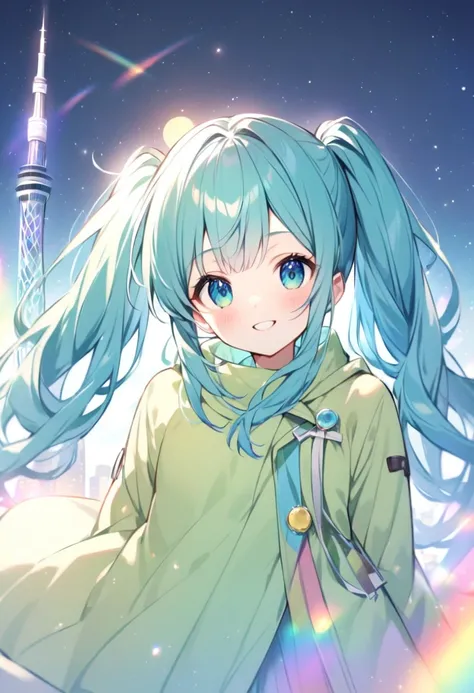  MOON ON A RAINBOW LIGHT-UP SKYTREE、 BEAUTIFUL GIRL WITH LONG BLUE HAIR AND TWIN TAILS 、GREEN DOWN COAT 、smile、The starry sky is beautiful、