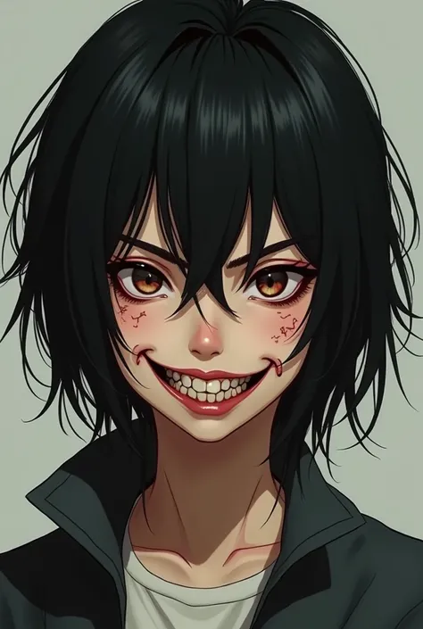  A 16-year-old girl with black hair in a tomboy cut, mature features, and expression of anger ,  sarcastic smile and bruises,  in semi-realistic traits 