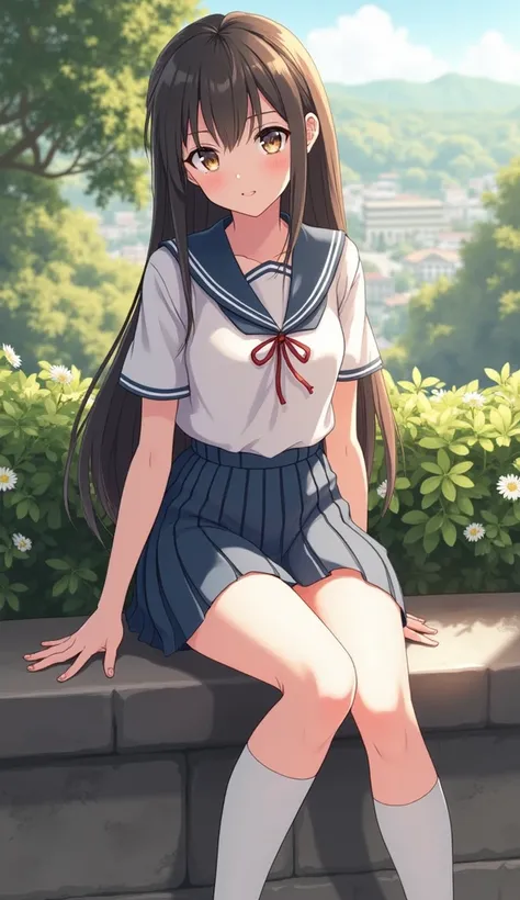 anime girl sitting on a ledge with her legs crossed, anime visual of a cute girl, beautiful anime high school girl, attractive anime girl, smooth anime cg art, anime moe artstyle, a hyperrealistic schoolgirl, seductive anime girl, cute anime waifu in a nic...