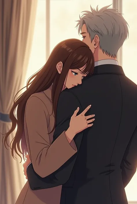 Young Billionaire CEO manhwa guy with silver hair with his back to a female with brown hair dressed warmly. 
The manhwa female folds her hands as she faces the front and rests hr head on his back.