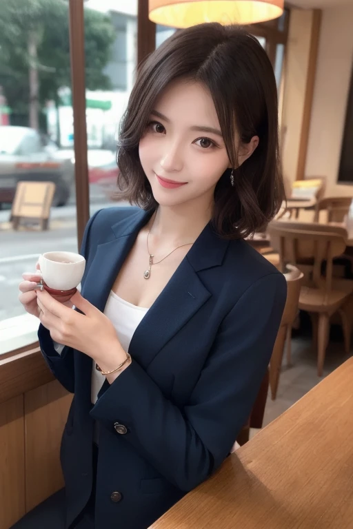  eyes that are drawn in, cute double , Mysterious woman eating a strawberry parfait so deliciously,  inside a calm cafe ,  short hair with loose inner curls,  clothes chosen for a date , Talented , Kind personality,  woman who is very particular about the ...