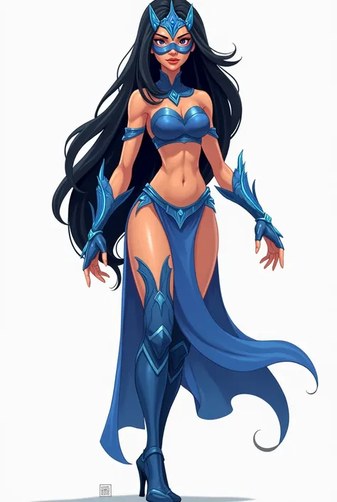 a woman with long dark hair with a blue tiara wearing a blue top, blue loincloth, blue high boots, blue gauntlets and a blue mask covering her mouth in pixar style 