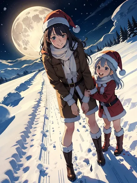  greatest masterpiece， best quality，High image quality，( super flat， flat shading )， fisheye lens， beautiful petite trained young mother and her very adorable little trained daughter:1.25， warm scarf， Santa Claus Outfit ，Christmas anime style costume ，(nak...