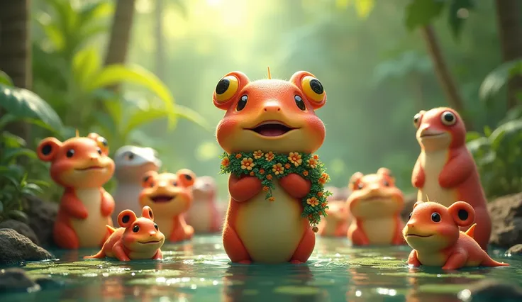 Chiku being celebrated as a hero by all the pond animals, with garlands and cheerful expressions, as they gather around him in admiration.
