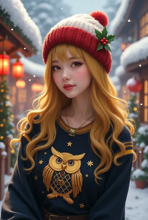 Realistic, Christmas-themed image of a korean woman with yellow long
hair, butterfly necklace ACCESSORY, wearing a white and red COLOR fedora adorned with holiday accents like holly or festive ribbons. Wears black and gold sweatshirt featuring an owl logo,...