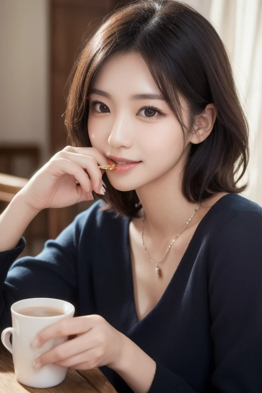  eyes that are drawn in, cute double , Mysterious woman eating a strawberry parfait so deliciously,  inside a calm cafe ,  short hair with loose inner curls,  clothes chosen for a date , Talented , Kind personality,  woman who is very particular about the ...