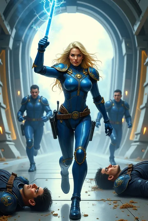 A blonde woman in blue combat armor with intricate gold filligree raises a shield made of whtie light as she rushes down a starship corridor. She has a glowing blue baton that arcs electricity onto the deck and bulkhead. She is charging at rough looking me...