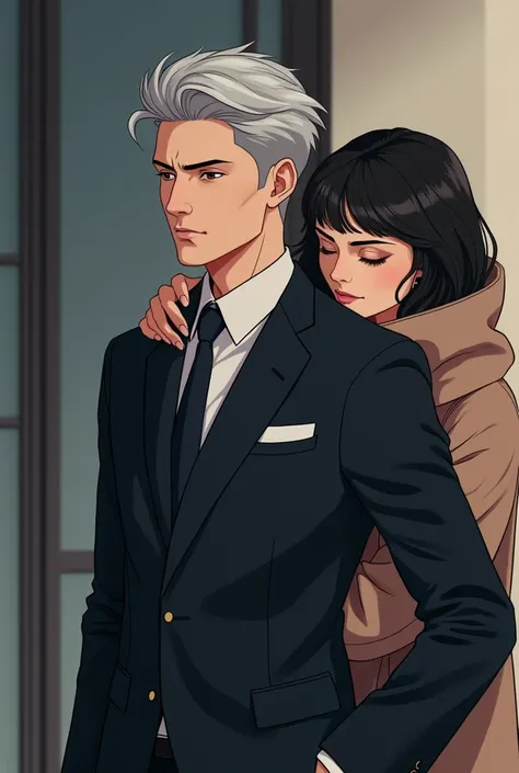 Young Billionaire CEO manhwa guy with silver hair with his back against manhwa female with brown hair dressed warmly. 