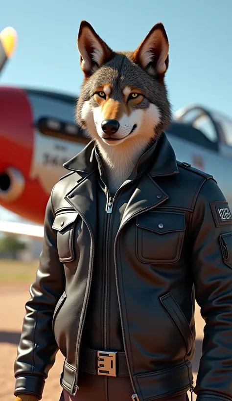 Anthromorphic iberian wolf male pilot wearing a dark leather jacket with P50 mustang behind him in the based on a sunny day