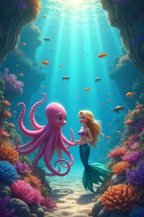 "A vibrant underwater village with colorful coral reefs, sea plants, and marine creatures like fish, crabs, and turtles. In the foreground, a friendly octopus with eight arms and a beautiful mermaid with flowing hair are smiling and talking to each other. ...