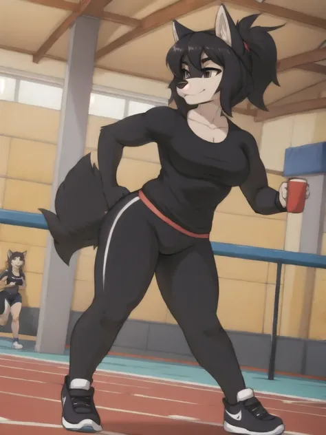 Furry, wolf, female, black shirt, black spandex bike shorts, shoes, indoor running track, twin sister, competitor, full body