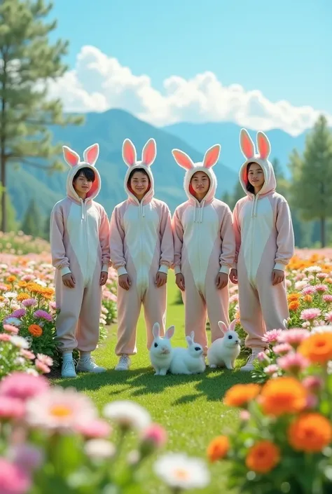  Full from a distance 4 asian guys 27 years old short haired fast tidy sweet macho. Couplean wears bunny costume with detail. Full is on the grass in the middle of a small flower plantation of small pink and white orange flowers and the sight of the mounta...