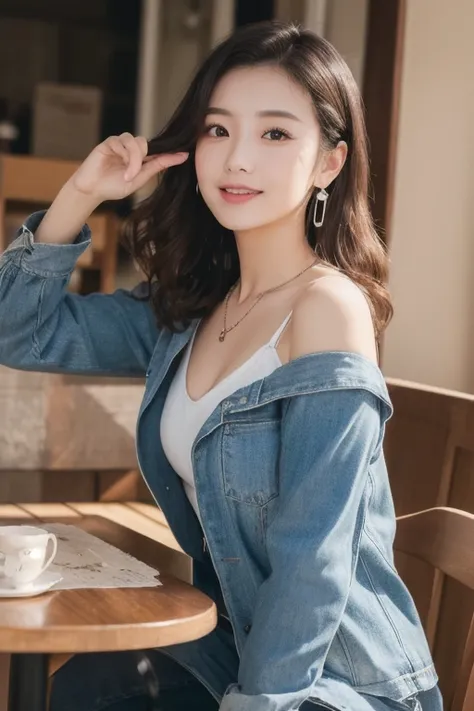  eyes that are drawn in, cute double , Mysterious woman eating a strawberry parfait so deliciously,  inside a calm cafe ,  short hair with loose inner curls,  clothes chosen for a date , Talented , Kind personality,  woman who is very particular about the ...