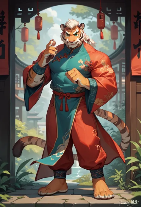 solo, furry male; front facing pose, male tiger, lean build, white hair, white beard, green eyes, full length body pose, Chinese clothing, looking down at the viewer, holding his cheek, stern expression