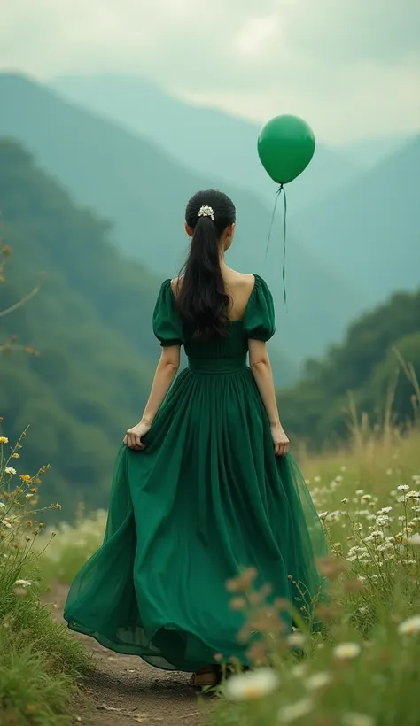  as beautiful as a movie, dark green dress， soap bubble balloons flying ，wearing a white and darkness green dress. Beautiful Asian woman walking in the mountains ， soap bubble balloons flying ， looking in the direction of the camera ,  Full of flowers,  so...