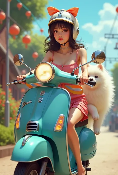  bike driving on a Vespa with a ribbon 　 Japanese actress, a beautiful woman, wearing a helmet with funny ears　There is a pure white and cute little Samoyed dog on the back 