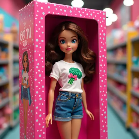 A vibrant, hyper-realistic depiction of a fashion doll displayed in a colorful packaging box. The doll, featuring brown hair, is dressed in a playful outfit comprising a white shirt with a brocoli graphic and a denim skirt. The background showcases a strik...