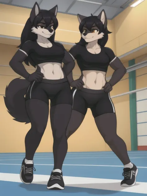 Furry, wolf, female, black shirt, black spandex bike shorts, shoes, indoor running track, twin sister, competitor, full body