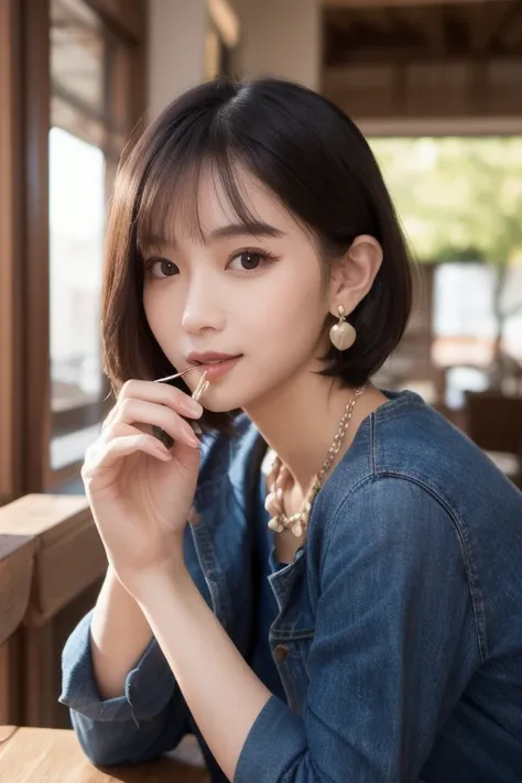  eyes that are drawn in, cute double , Mysterious woman eating a strawberry parfait so deliciously,  inside a calm cafe ,  short hair with loose inner curls,  clothes chosen for a date , Talented , Kind personality,  woman who is very particular about the ...