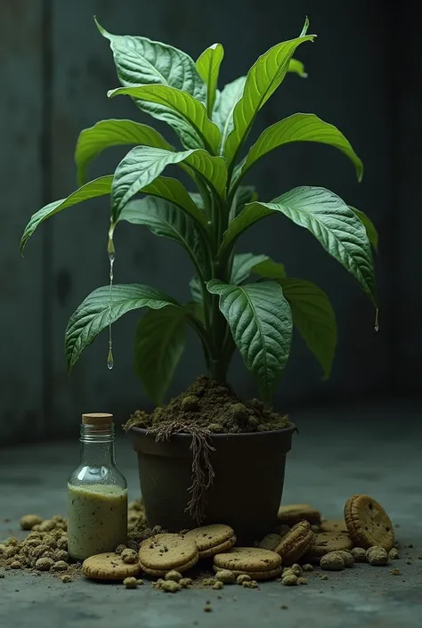 Show a wilted plant which has, like green, ground cookies on top of it and water is dripping from a bottle (half cloudy due to leachate )