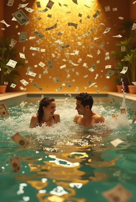 Photo of girl and guy again swimming in pool full of money and gold background Inscribed "Sultan jati and jurig 