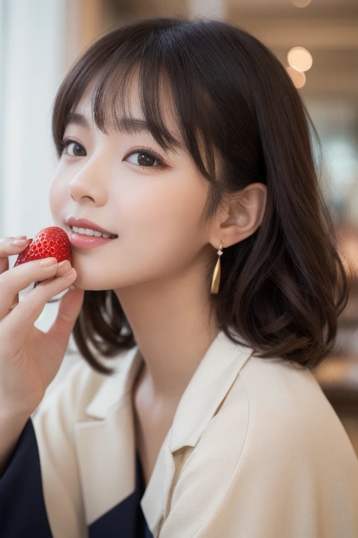  eyes that are drawn in, cute double , Mysterious woman eating a strawberry parfait so deliciously,  inside a calm cafe ,  short hair with loose inner curls,  clothes chosen for a date , Talented , Kind personality,  woman who is very particular about the ...