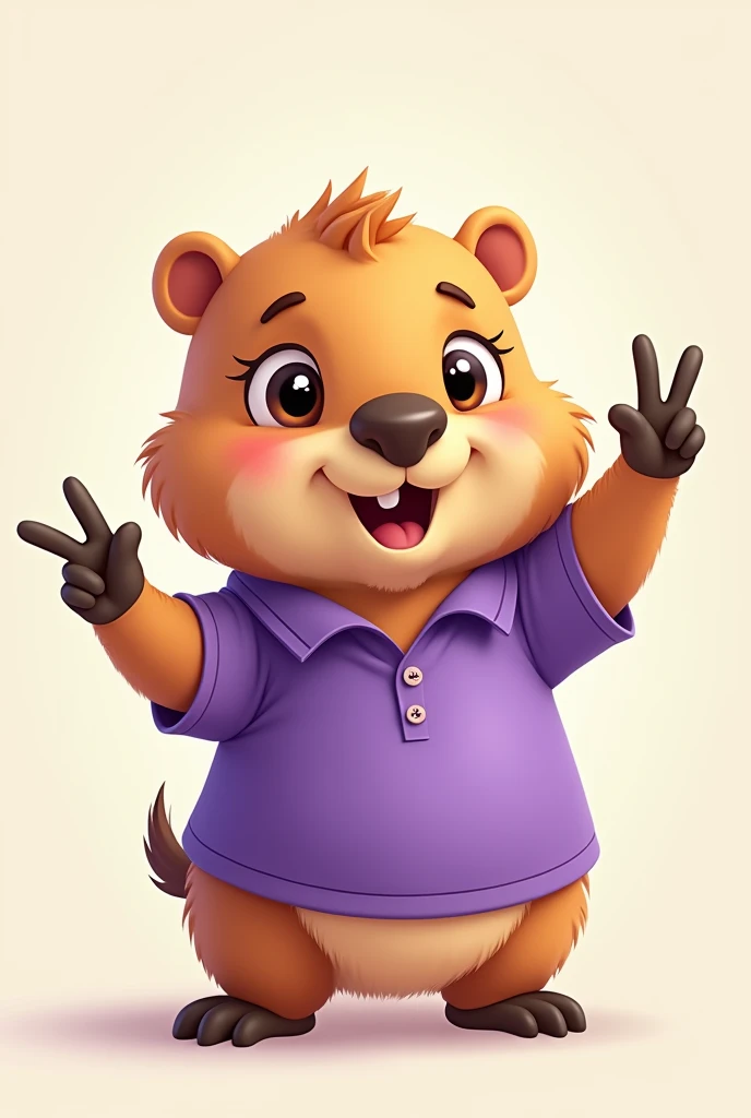 Happy baby Capybara cartoon with purple polo shirt and one hand raising 2 fingers