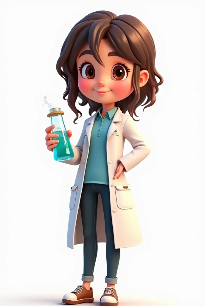 create a student wearing a lab coat who holds a tube with chemistry and who is animated and on a white background and who is a girl and more animated more animated and more in the form of a cartoon and with a uniform