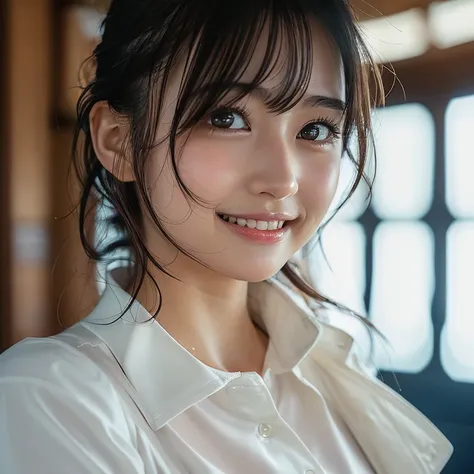 (​masterpiece, top-quality,  super A high resolution ), ( full body photo),  Japanese woman in charge of horn, (((very beautiful  girl))),  pretty girl ,  short hair , Super cute face,  glossy lips , Double eyed , A cheerful smile,  natural makeup,  has lo...