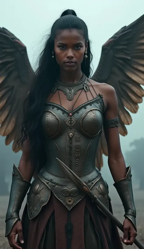 Create a valkyrie with dark skin with wings, long dark hair with a well-crafted hairstyle, shiny armor adorned with mystical engravings from Venezuelan culture, a necklace that symbolizes love and strength, a spear containing bright red runes, in a battlef...