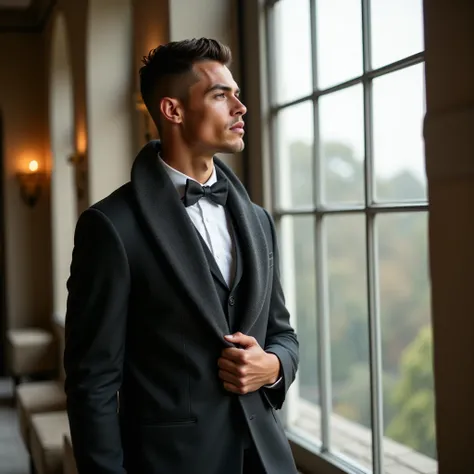 Full body shot of Ronaldo in a suit with coat, small head, extremely detailed skin, inside huge mansion looking outside huge window, blurred background.