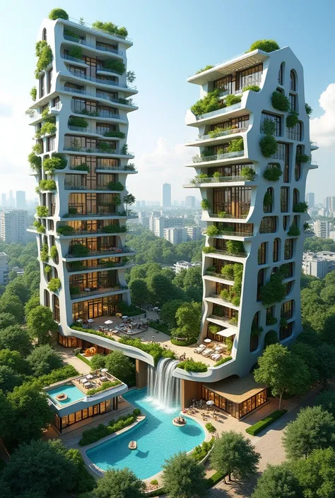 Build me a 10-storey high-rise building that is modern and sustainable in architectural style and the house has a proven form from nature,  there are two towers in the same building style and a 3-storey building with the same style as well and the ground f...