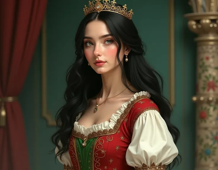 European girl,  about 25-30 years old .  emerald green eyes .  long straight black hair . red white green dress and crown