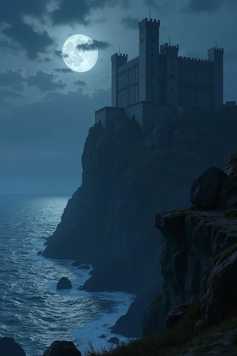  Medieval castle on top of a hill,  on the edge of a cliff , On the coastline , during the night,  full moon reflecting in the sea 