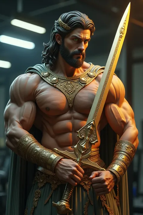 Give me the image of a very strong and very handsome green-eyed Greek god in a gym with a sword of the Greek god 