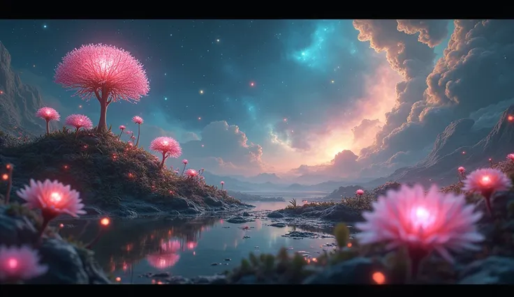 A cosmic garden floating in space, with radiant seeds sprouting into glowing plants, symbolizing the growth of seeds planted in the universe. The atmosphere is calm yet hopeful, with nebulae swirling gently around the garden, hinting at the future blossomi...