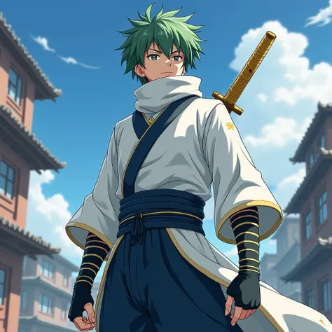 First character, a lean guy in a white traditinal hashira-shinobi outfit, covered upto his nose(like gabimaru) with bandges on his forearms and legs, he is six feet with medium unkempt shiny but spiky(in the upward direction) dull green hair, white pupils ...