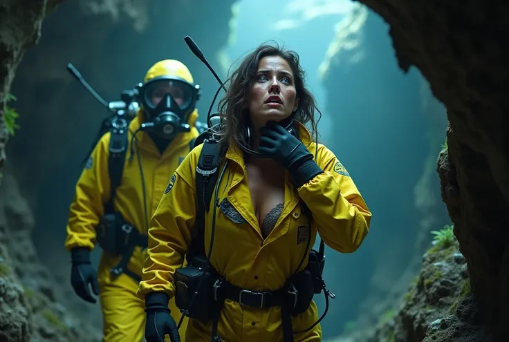 Secy 40 years old  women  breathing inside her  hazmat helmet  connected to  her scuba tank but after a while realising  that she dont have much oxygen to breathe wearing hot bra and Brazilian string in a deep cave long down below the ground And looking at...