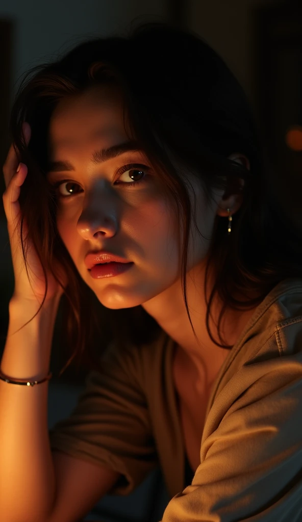 " A close up of a woman sitting in a dimly lit room ,  illuminated by a soft and warm light source ,  like a fireplace or a single lamp .  The woman has an expressive and contemplative facial expression ,  with her long dark hair partially covering one sid...