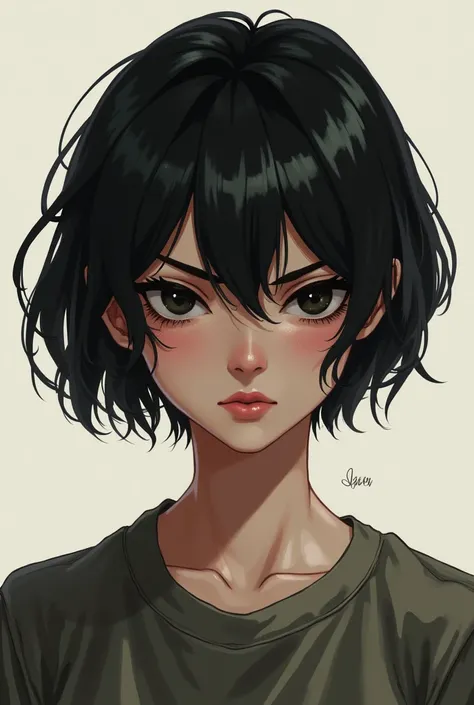  A 16-year-old girl with black hair and eyes in a Tomboy cut, mature features, slightly sarcastic smile and bruises , in realistic features