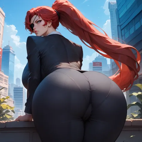 1girl, detailed face, detailed eyes, red hair, long ponytail, grey eyes, serious, eyepatch, huge breasts, large ass, black suit, business suit, red necktie, pants, from behind, bending over, outdoors, city